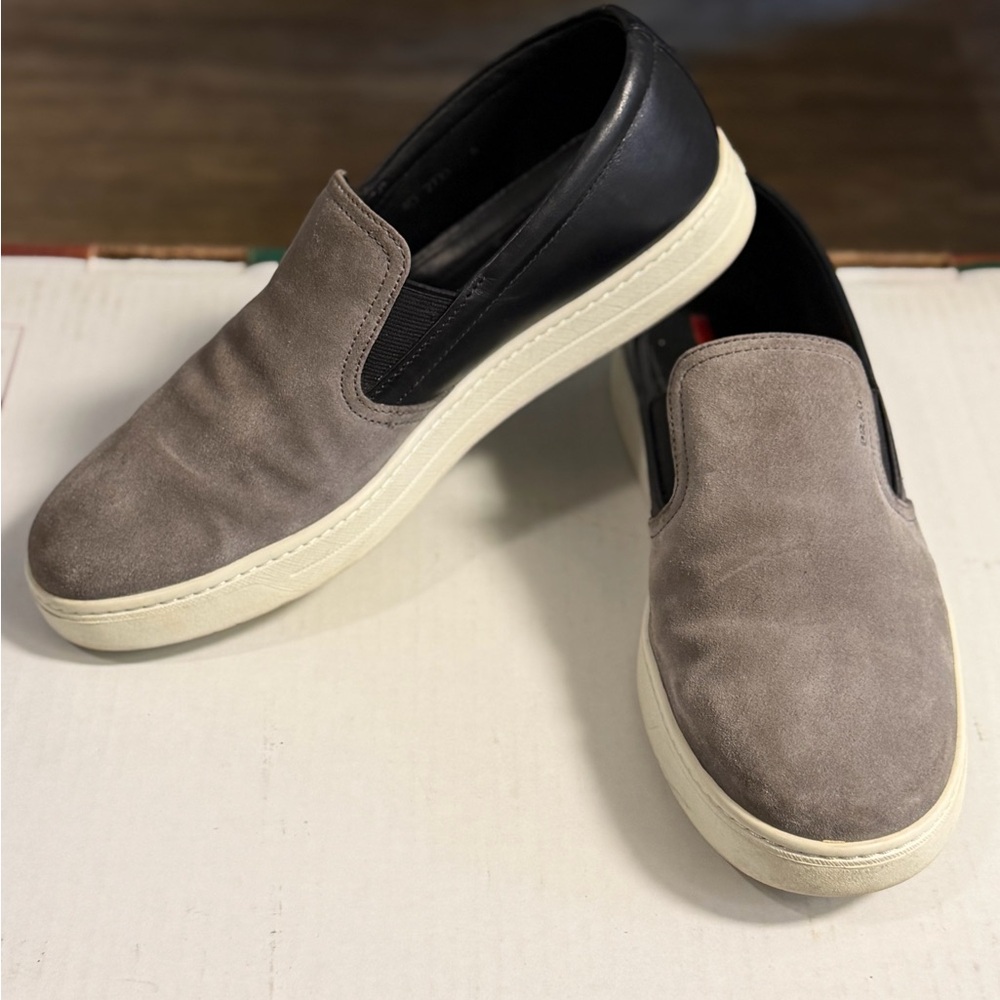 Prada Men's Taupe Suede Slip-On Sneakers with Black Heel